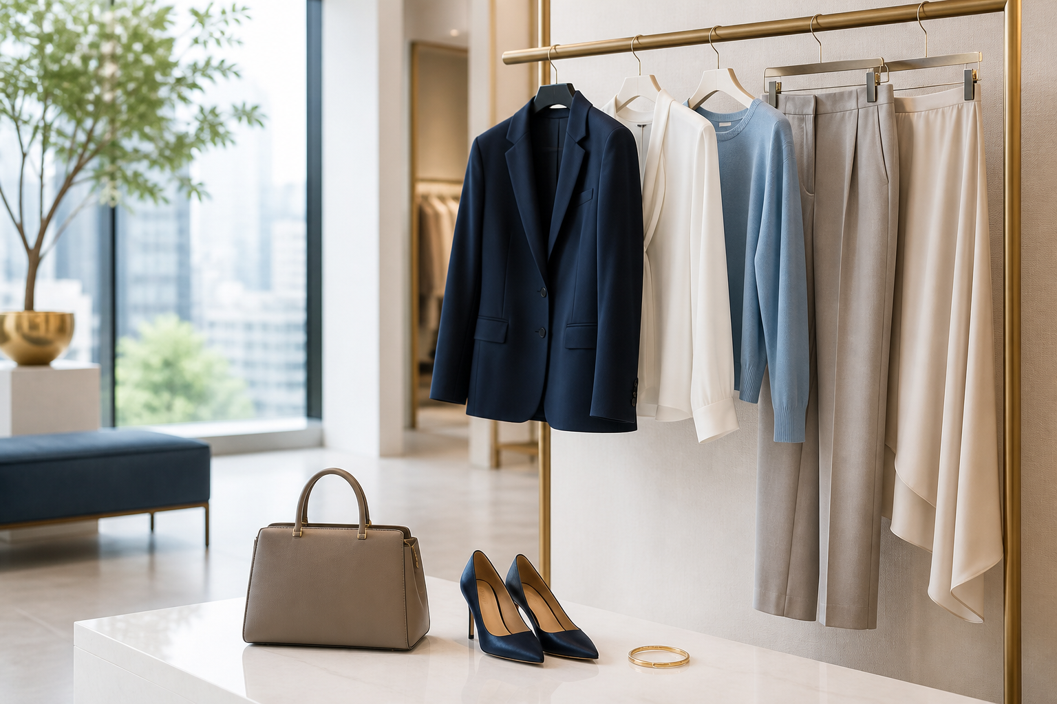 ネイビー、白、淡いブルーの服とバッグ、靴を揃えた上品なブティック