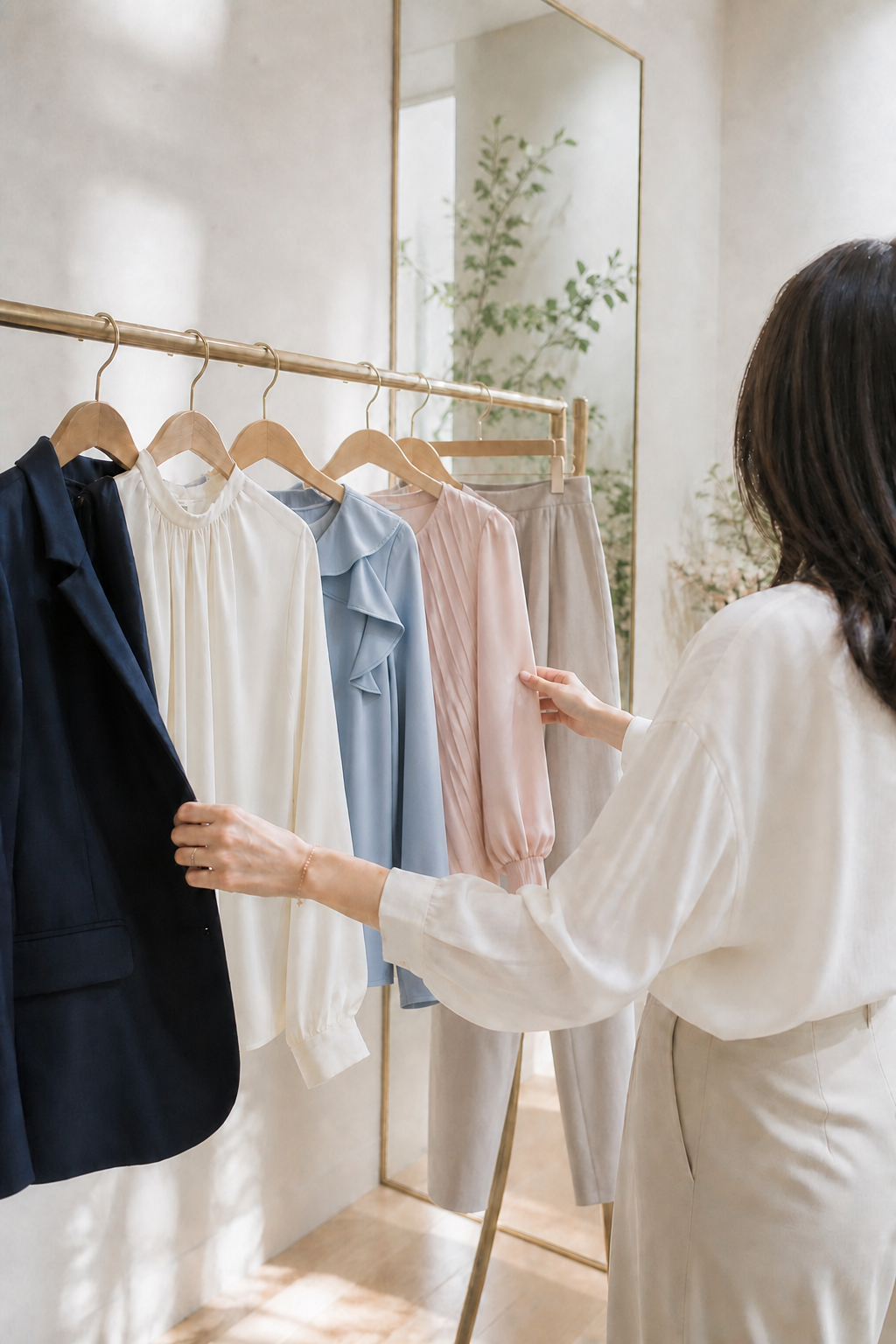 明るいショップで、ネイビーや淡い色の服を見比べる女性の後ろ姿