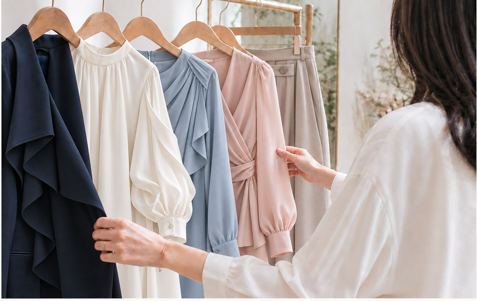 デザイン性のある洋服を選ぶ女性