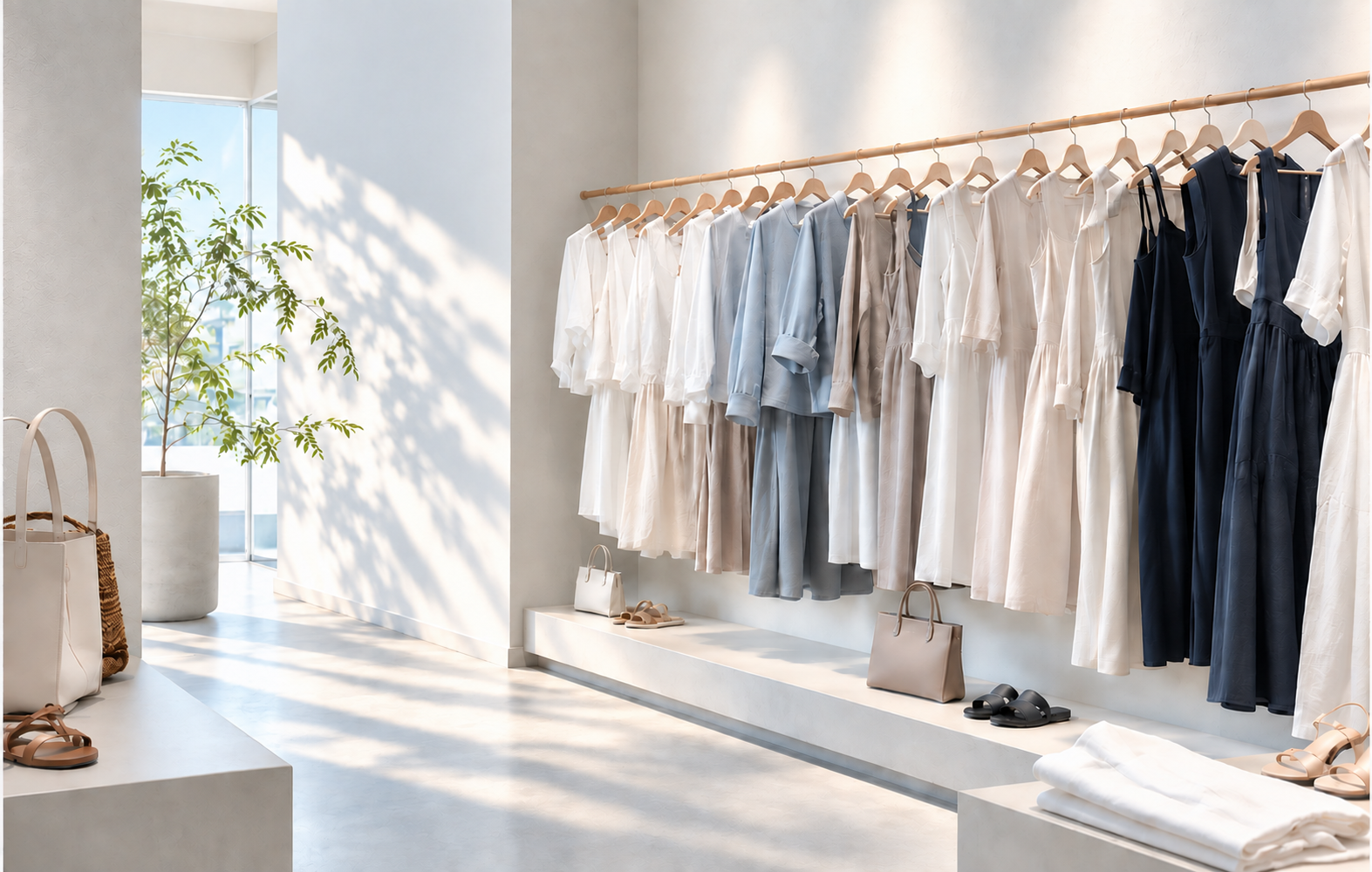 明るい店内に並ぶ洋服