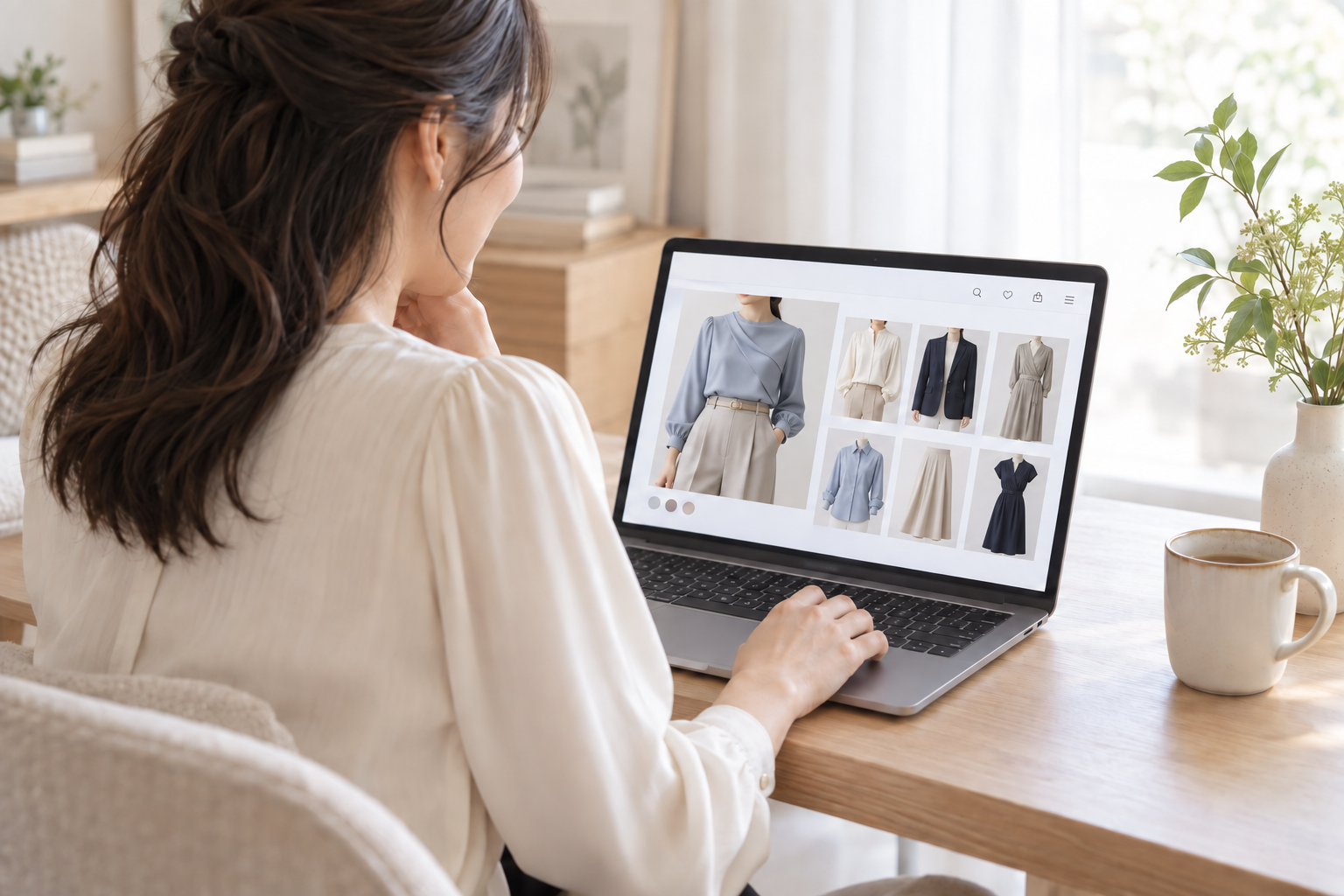 自宅でノートパソコンの商品画面を見ながら洋服を選ぶ女性